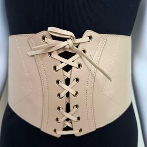 Beige faux leather elastic waistband lace up corset belt